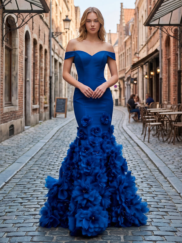 Satin Mermaid Off the Shoulder Long Evening Dresses with 3D Flowers