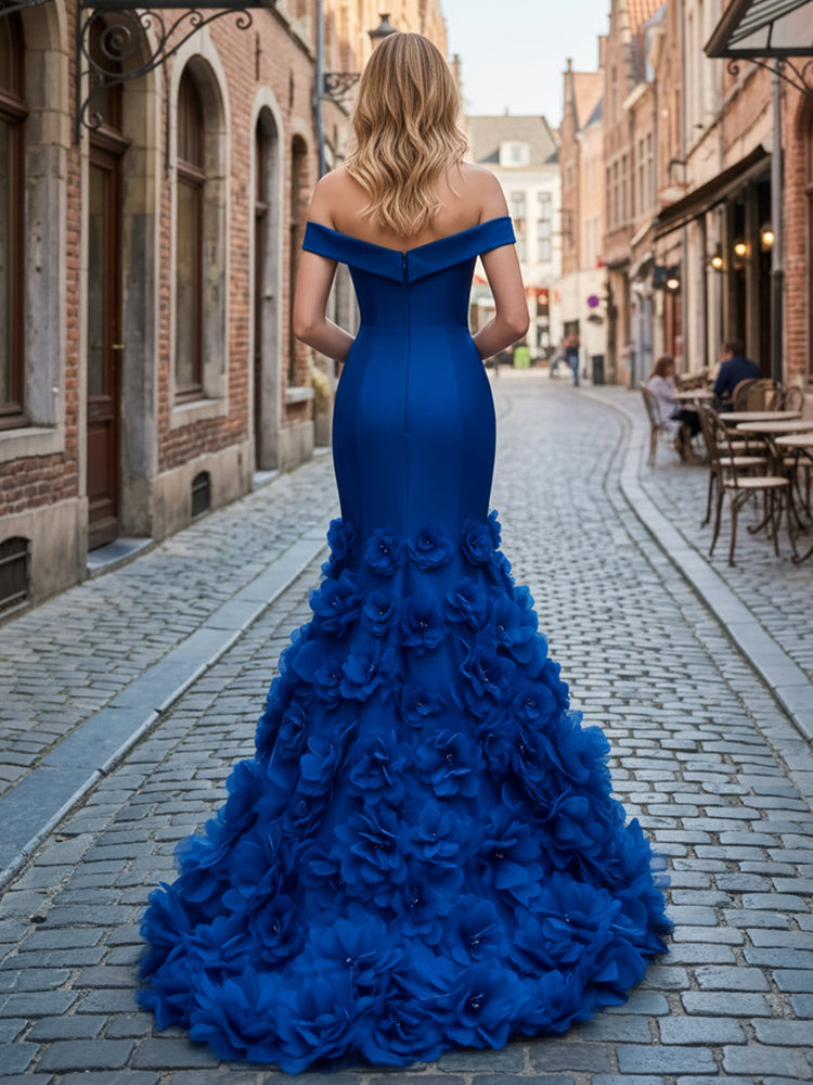 Satin Mermaid Off the Shoulder Long Evening Dresses with 3D Flowers