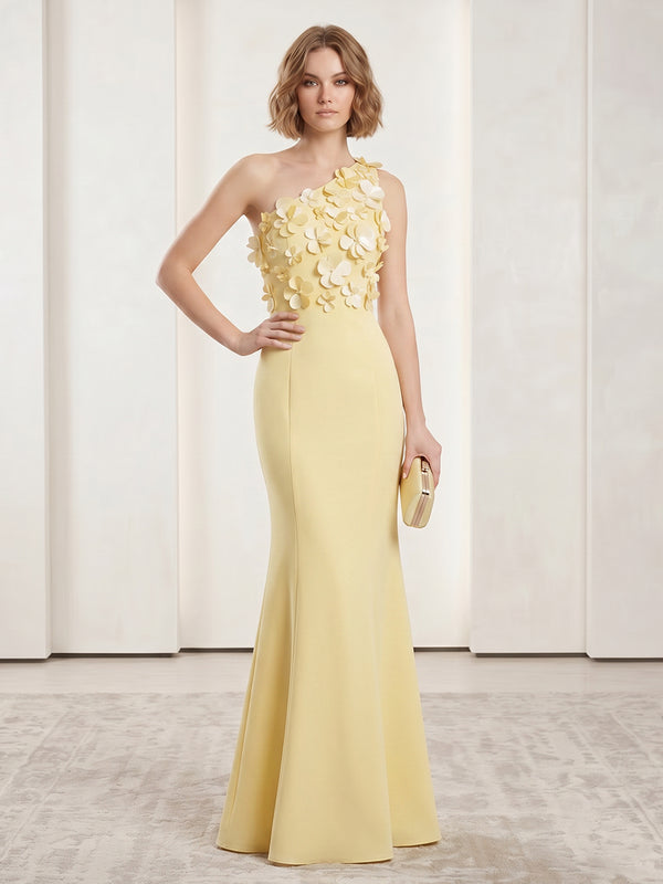 Satin Mermaid One Shoulder Long Evening Dresses with 3D Flowers