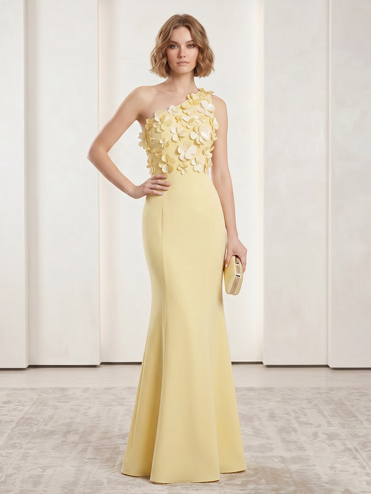 Satin Mermaid One Shoulder Long Evening Dresses with 3D Flowers