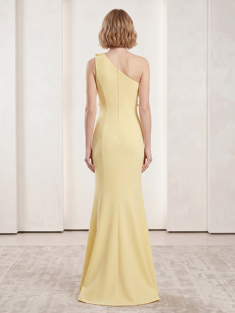 Satin Mermaid One Shoulder Long Evening Dresses with 3D Flowers