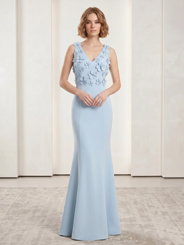 Satin Mermaid V Neck Long Evening Dresses with 3D Flowers