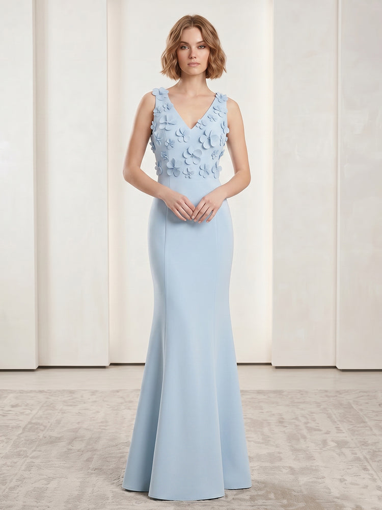 Satin Mermaid V Neck Long Evening Dresses with 3D Flowers
