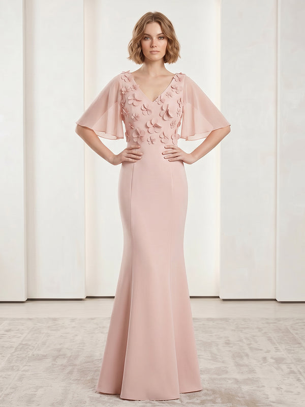 Satin Mermaid V Neck Long Evening Dresses with 3D Flowers