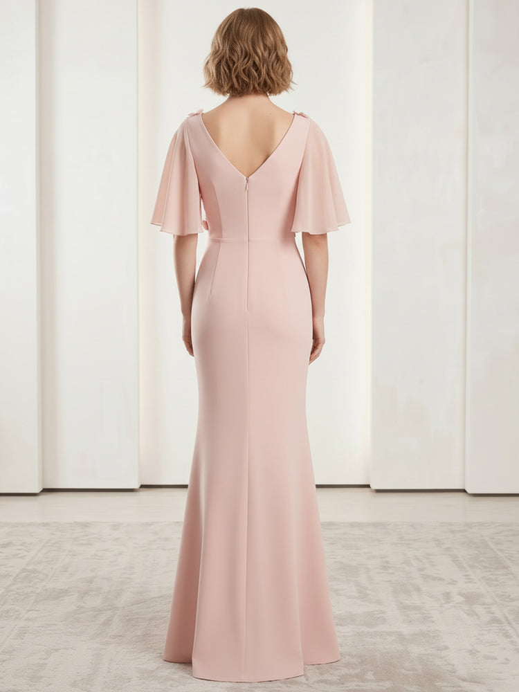 Satin Mermaid V Neck Long Evening Dresses with 3D Flowers