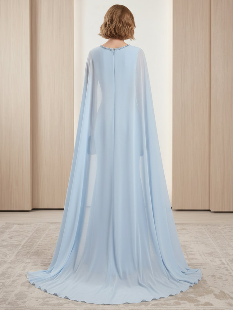 Satin Mermaid Scoop Neck Long Evening Dresses with Cape