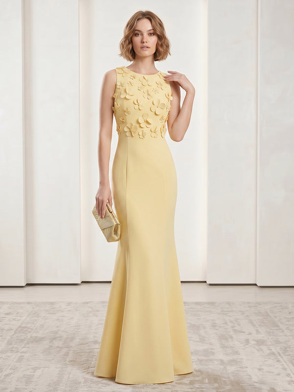 Satin Mermaid Scoop Neck Long Evening Dresses with 3D Flowers