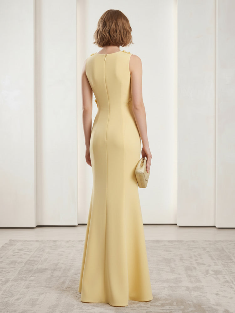 Satin Mermaid Scoop Neck Long Evening Dresses with 3D Flowers