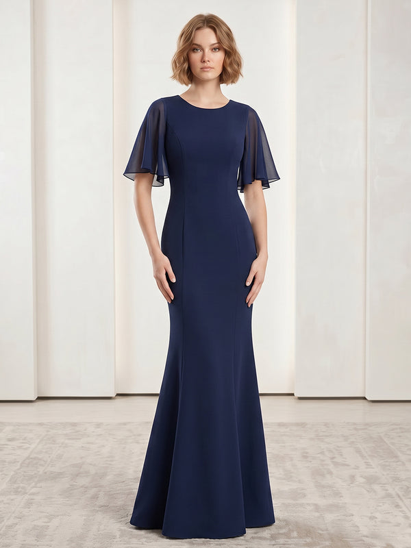 Satin Mermaid Scoop Neck Long Evening Dresses with Ruffles