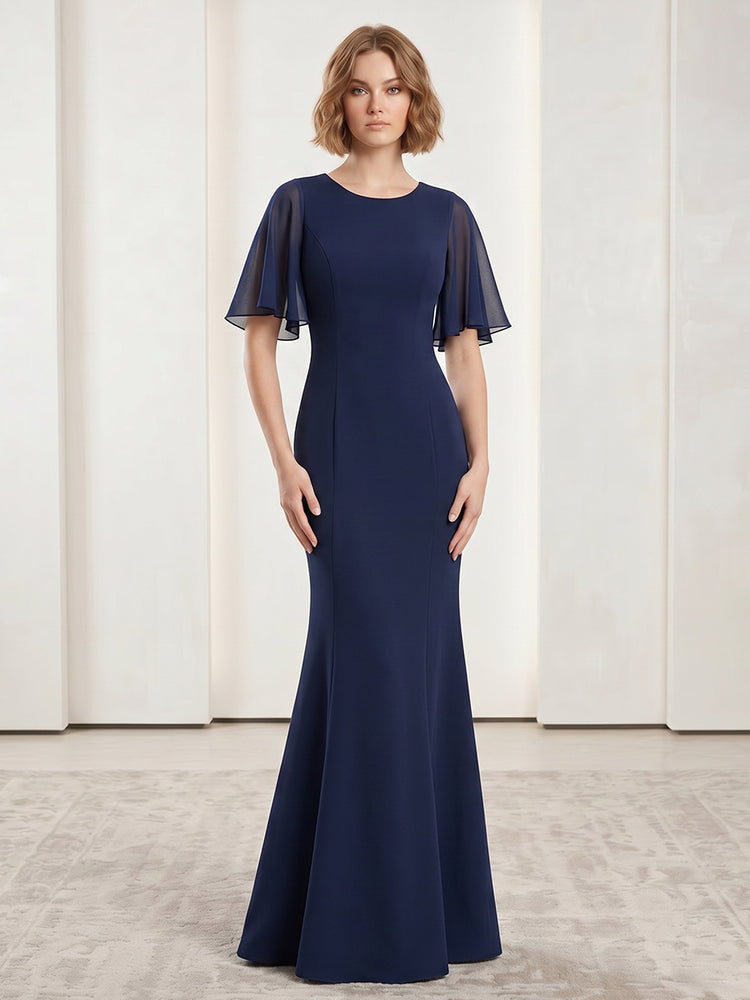 Satin Mermaid Scoop Neck Long Evening Dresses with Ruffles