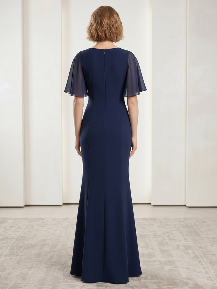 Satin Mermaid Scoop Neck Long Evening Dresses with Ruffles