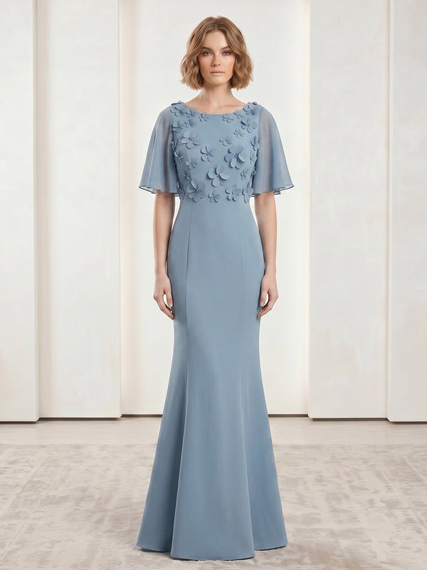 Satin Mermaid Scoop Neck Long Evening Dresses with 3D Flowers