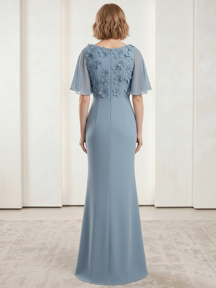Satin Mermaid Scoop Neck Long Evening Dresses with 3D Flowers