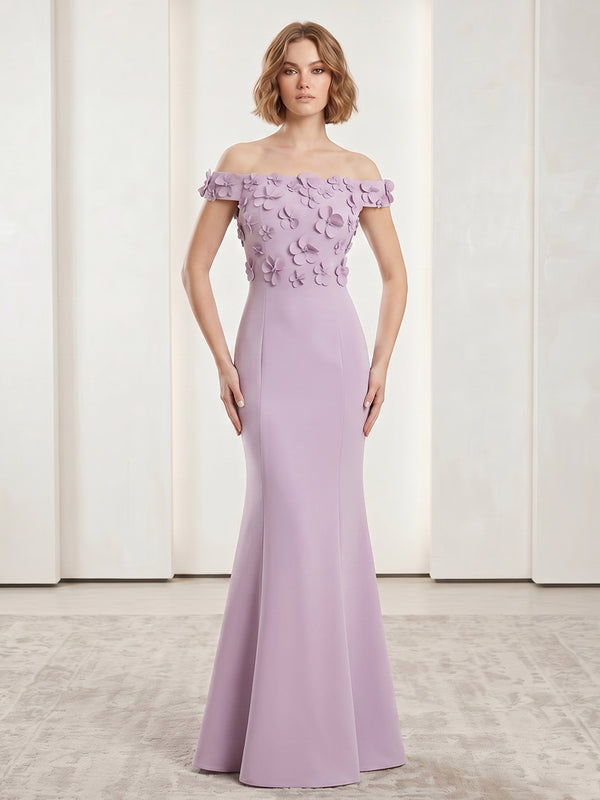 Satin Mermaid Off the Shoulder Long Evening Dresses with 3D Flowers