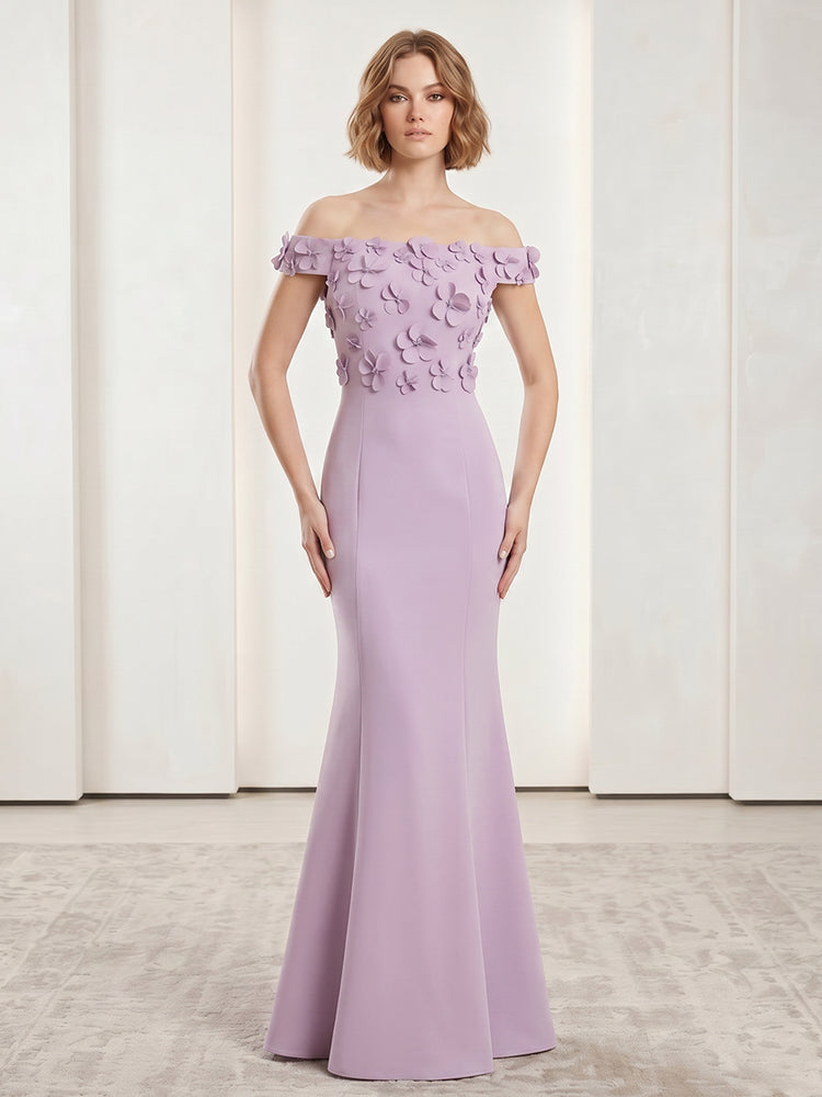 Satin Mermaid Off the Shoulder Long Evening Dresses with 3D Flowers