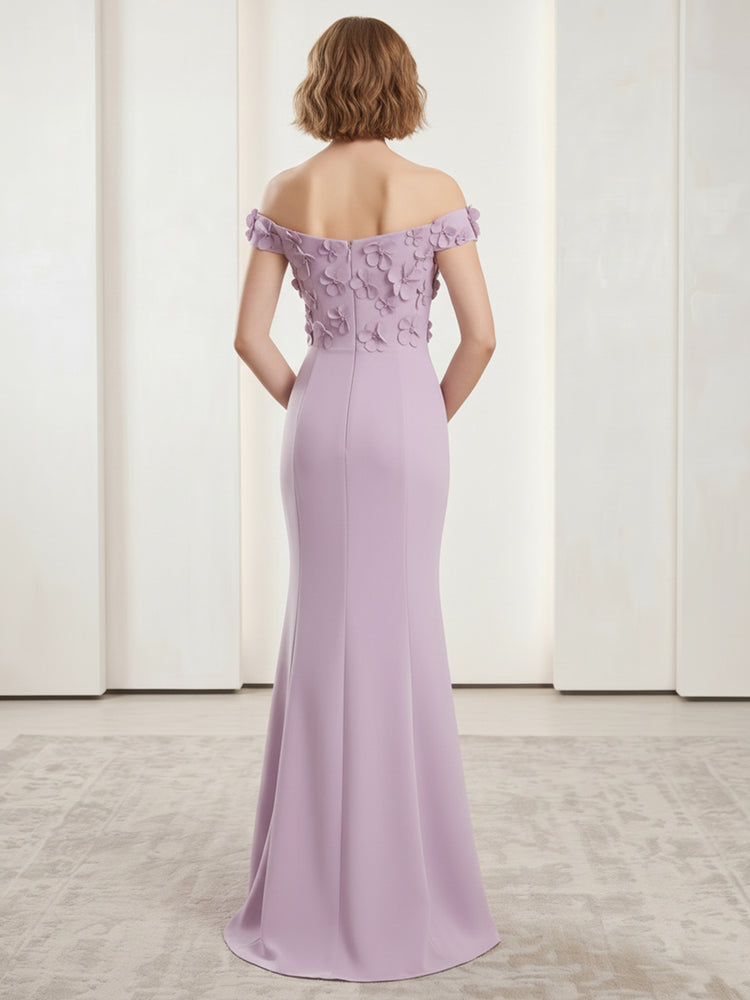 Satin Mermaid Off the Shoulder Long Evening Dresses with 3D Flowers