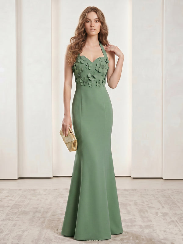 Satin Mermaid Halter Long Evening Dresses with 3D Flowers