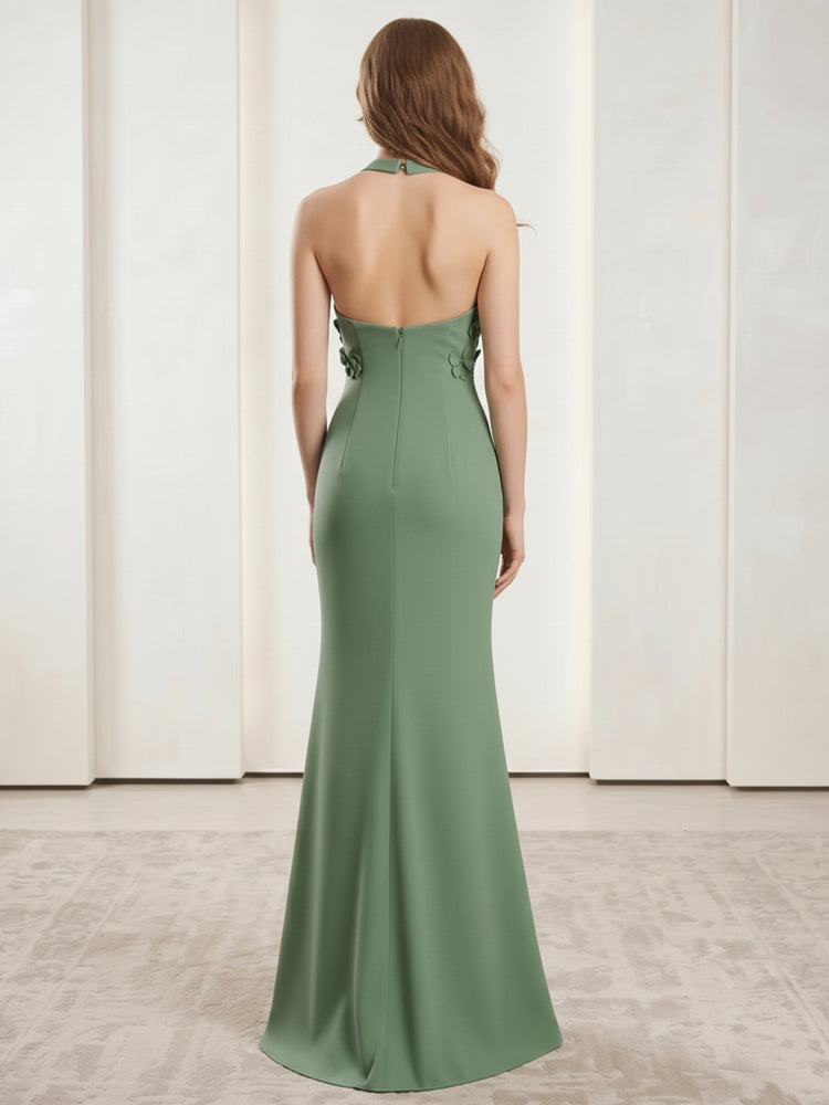 Satin Mermaid Halter Long Evening Dresses with 3D Flowers