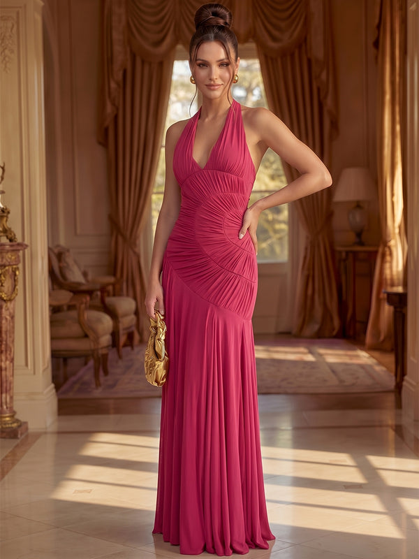 Satin Mermaid Halter Long Evening Dresses with Pleats