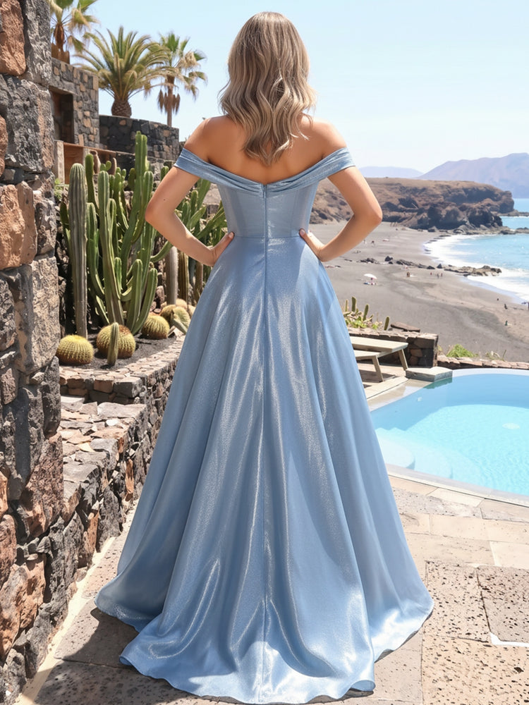 Metallic Satin A-Line Off the Shoulder Long Evening Dresses with Pleats
