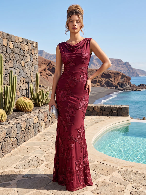 Romantic Textured Floral Tulle Sleeveless Evening Gown Elegant Cowl Neckline with Floral Embroidery