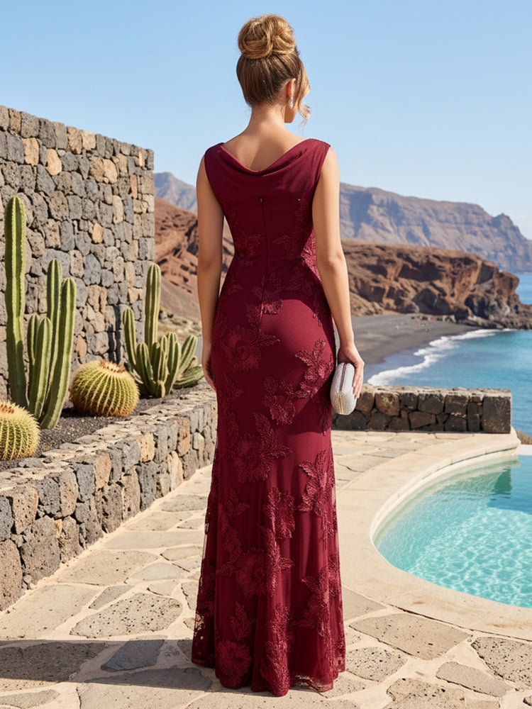 Romantic Textured Floral Tulle Sleeveless Evening Gown Elegant Cowl Neckline with Floral Embroidery