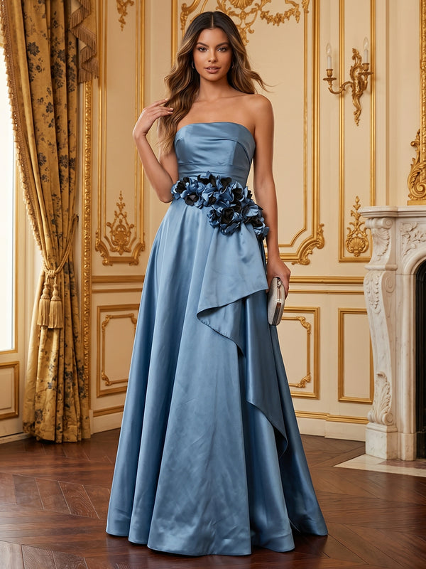 Elegant Voluminous A-Line Strapless Satin Floral Waist Detail Asymmetrical Ruffle Long Evening Dresses with 3D Flowers