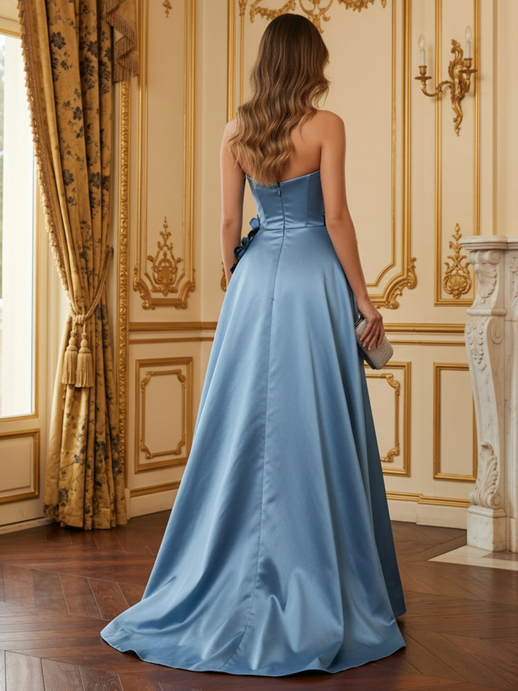 Elegant Voluminous A-Line Strapless Satin Floral Waist Detail Asymmetrical Ruffle Long Evening Dresses with 3D Flowers