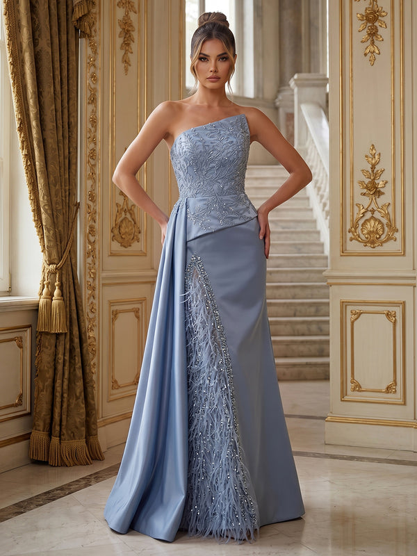 Asymmetrical Strapless Beaded Feather Satin Mermaid Evening Dress Layered Satin & Fluffy Feather Panel Detailing