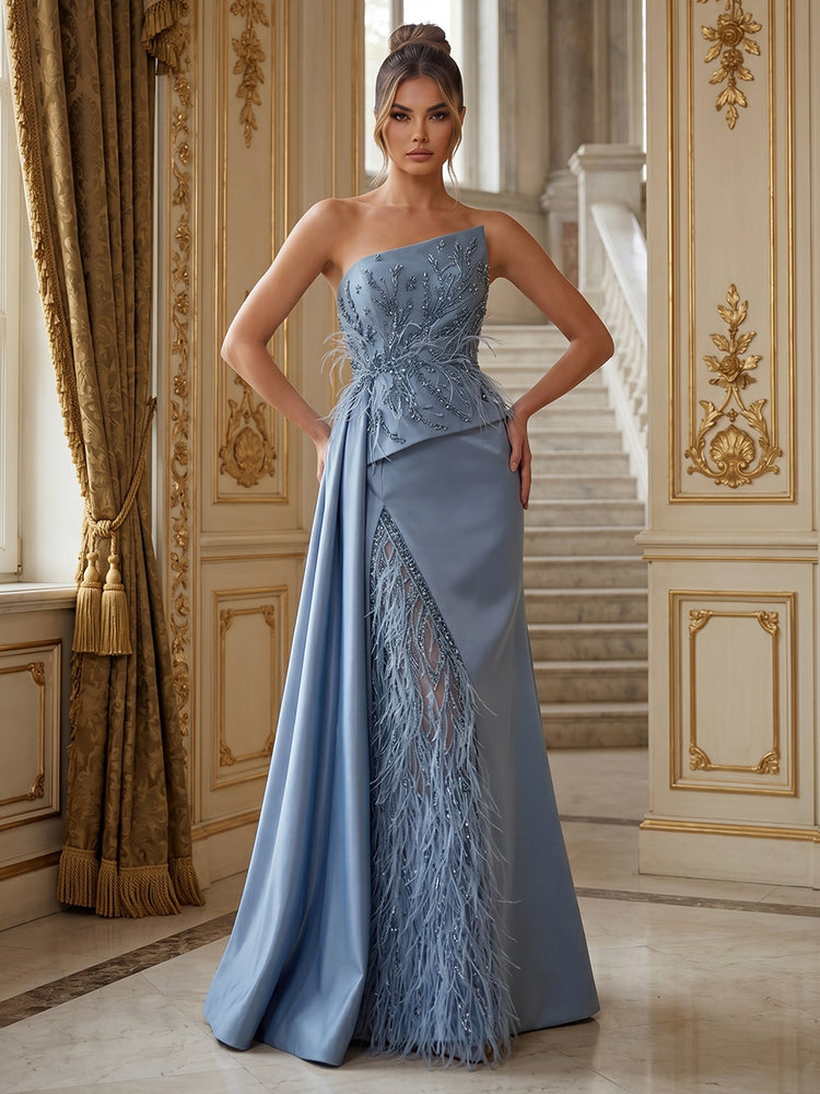 Asymmetrical One Shoulder Beaded Feather Satin Mermaid Evening Dress Layered Satin & Fluffy Feather Panel Detailing