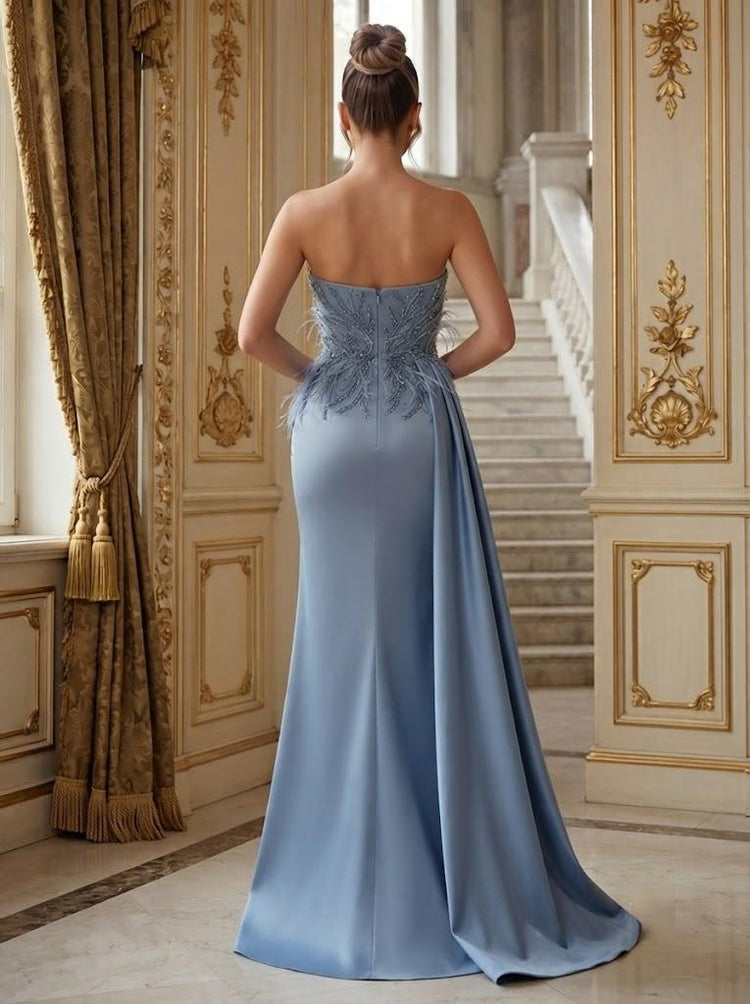 Asymmetrical One Shoulder Beaded Feather Satin Mermaid Evening Dress Layered Satin & Fluffy Feather Panel Detailing