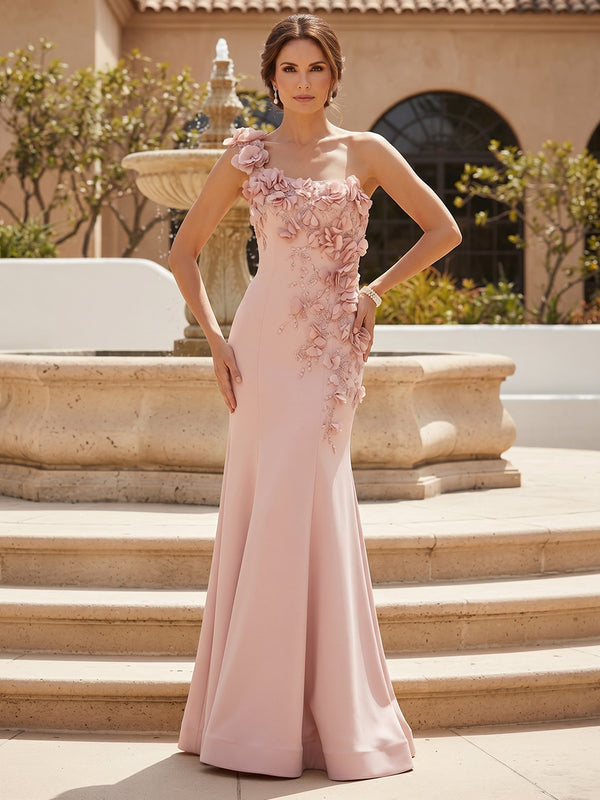 One Shoulder 3D Floral Appliques Satin Mermaid Floral Embroidery Slim Floor Length Evening Dress with 3D Flowers
