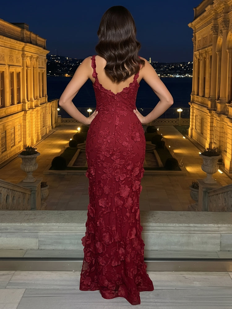 Romantic Textured Floral Tulle V Neck Sheath Minimal Sleeveless Cut Ideal Evening Dress with 3D Flowers