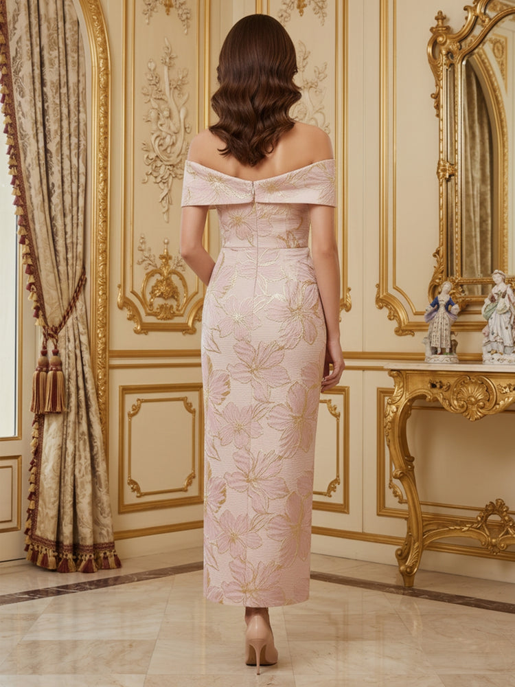 Jacquard Sheath Off the Shoulder Long Evening Dresses with Ruffles