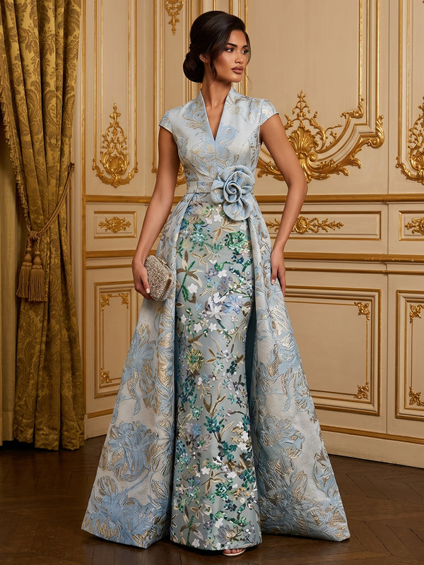Short Sleeve Mandarin Collar V Neck Jacquard Mermaid 3D Floral Waist Sash Voluminous Side Train Evening Dress