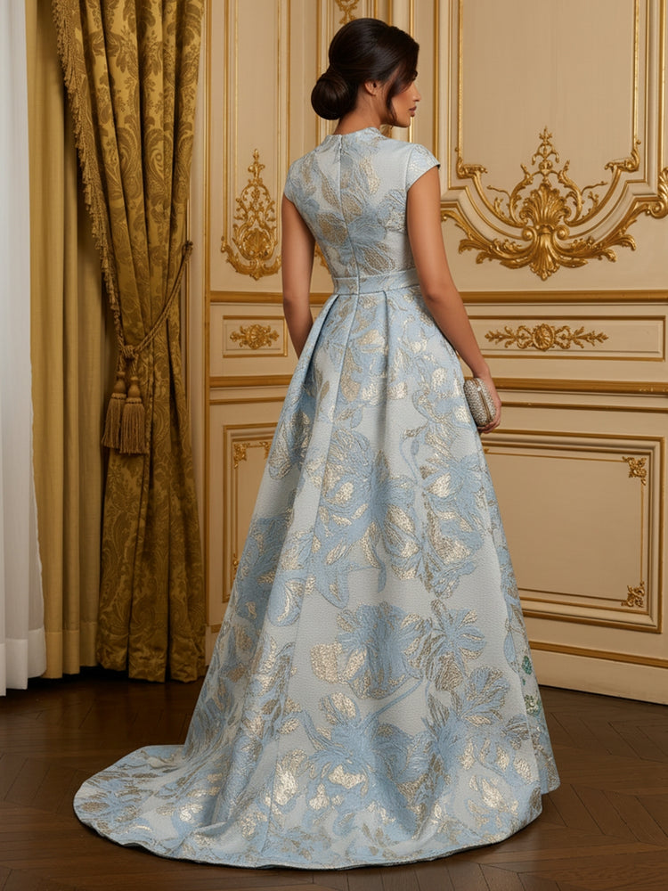 Short Sleeve Mandarin Collar V Neck Jacquard Mermaid 3D Floral Waist Sash Voluminous Side Train Evening Dress
