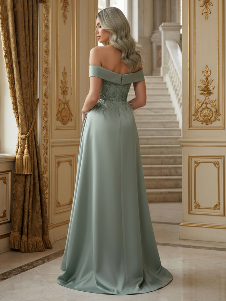 Luxury Gloss Satin Mixed Media Off Shoulder Sparkly Floral Embroidery & Long Feather Evening Gown
