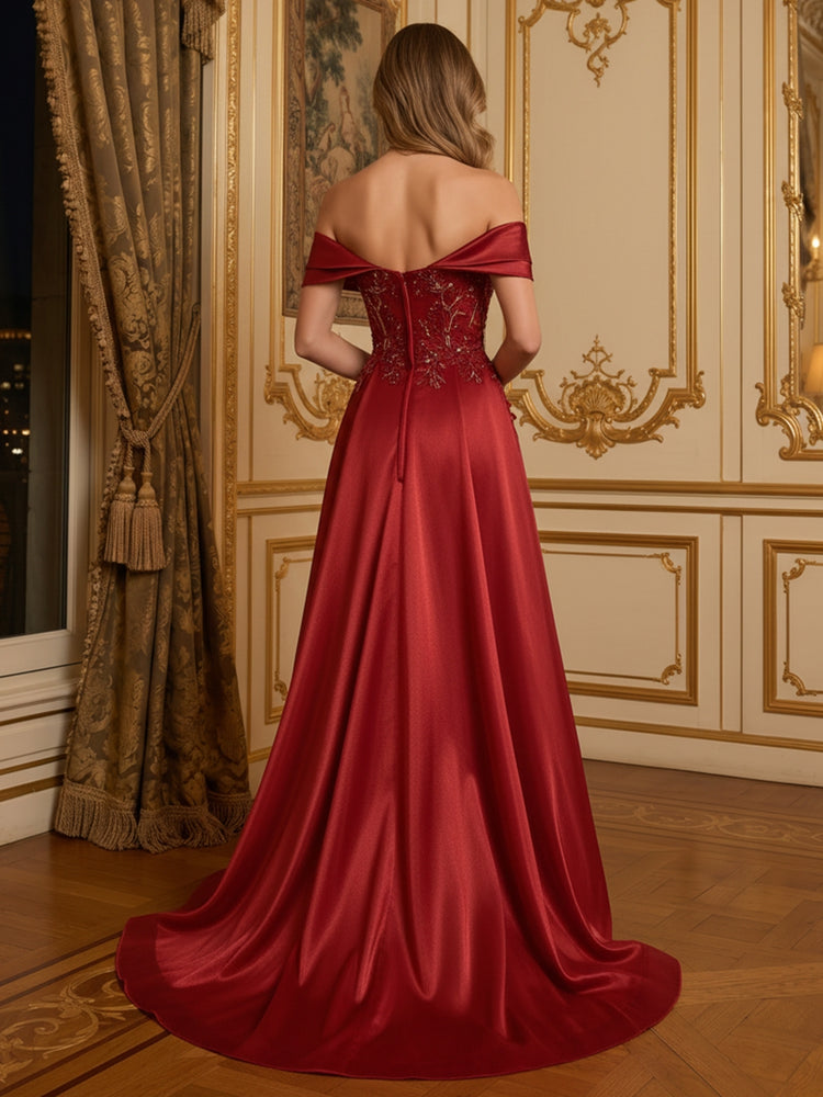 Off The Shoulder Beaded Floral Embroidery Organza A-Line Draped Side Oversized Satin Train Evening Dresses with Rhinestone