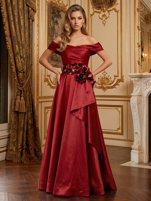 Satin A-Line Off the Shoulder Long Evening Dresses with 3D Flowers