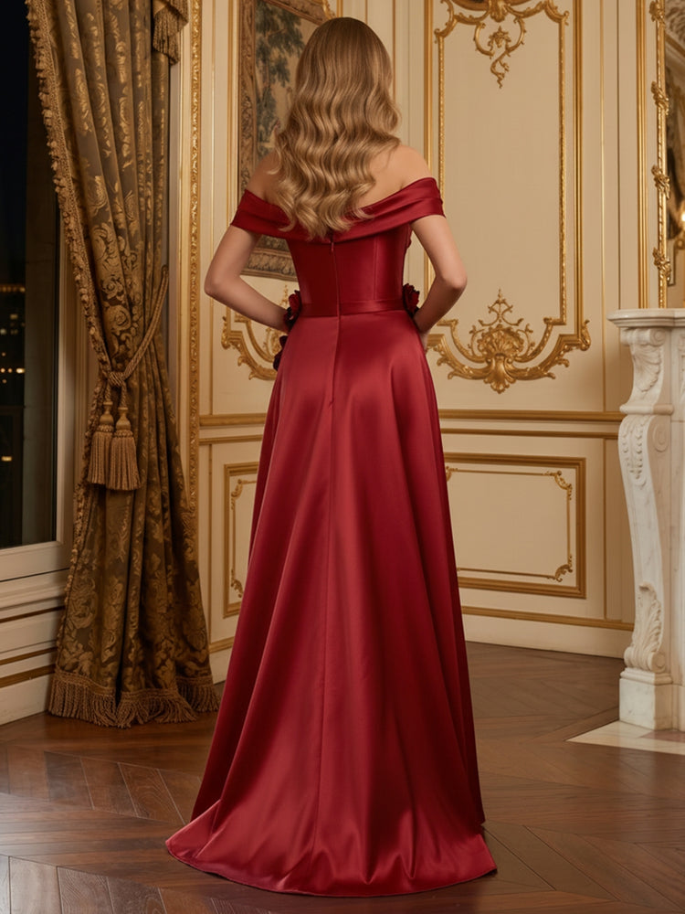 Satin A-Line Off the Shoulder Long Evening Dresses with 3D Flowers