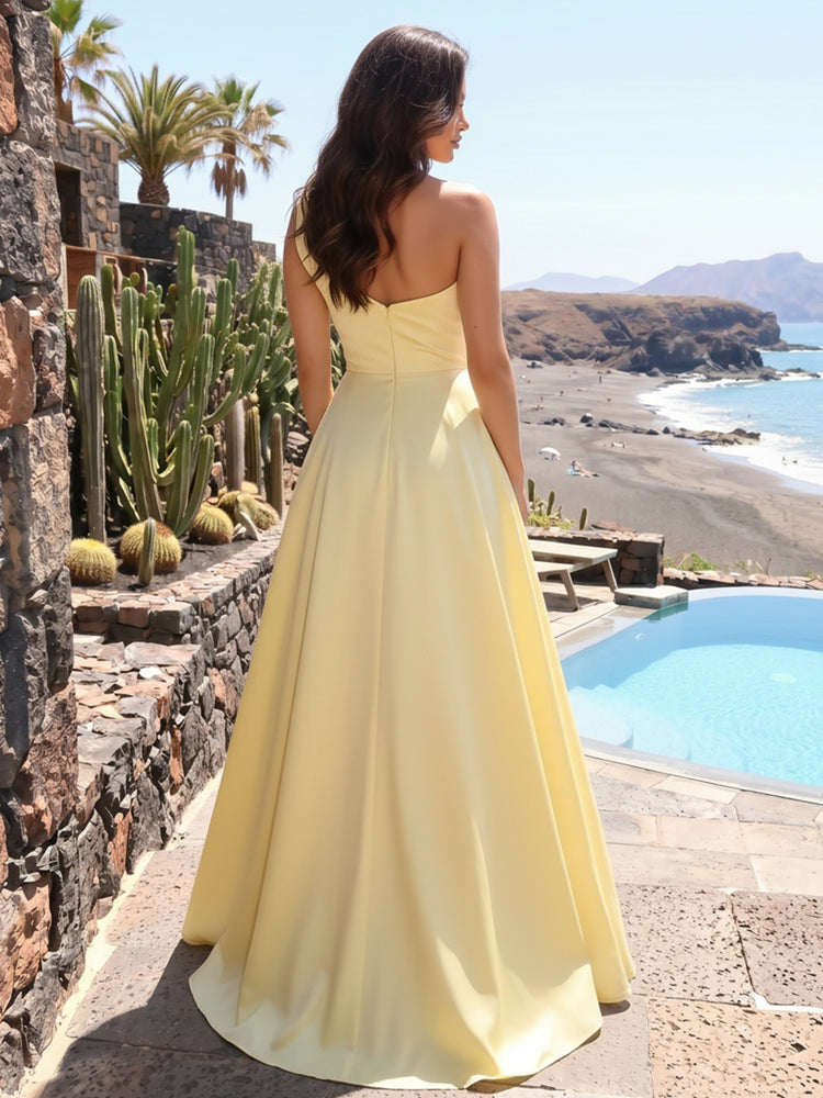 Satin A-Line One Shoulder Long Evening Dresses with Pleats