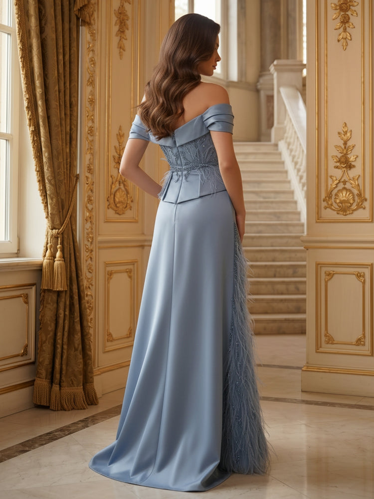 Off The Shoulder Beaded Floral Peplum Satin Mermaid Feather Panel Side Slit Two Tone Evening Dress
