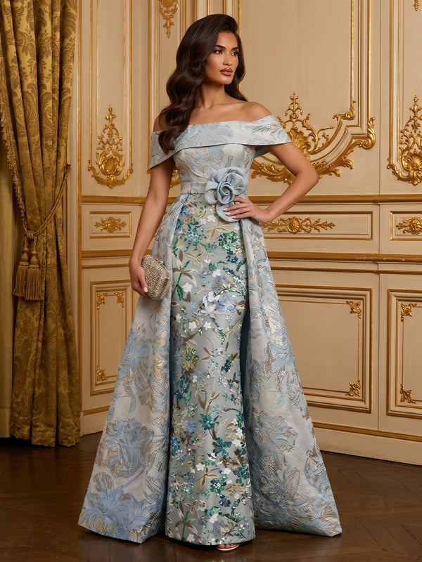Jacquard A-Line Off the Shoulder Long Evening Dresses with 3D Flowers