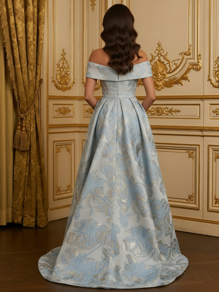 Jacquard A-Line Off the Shoulder Long Evening Dresses with 3D Flowers