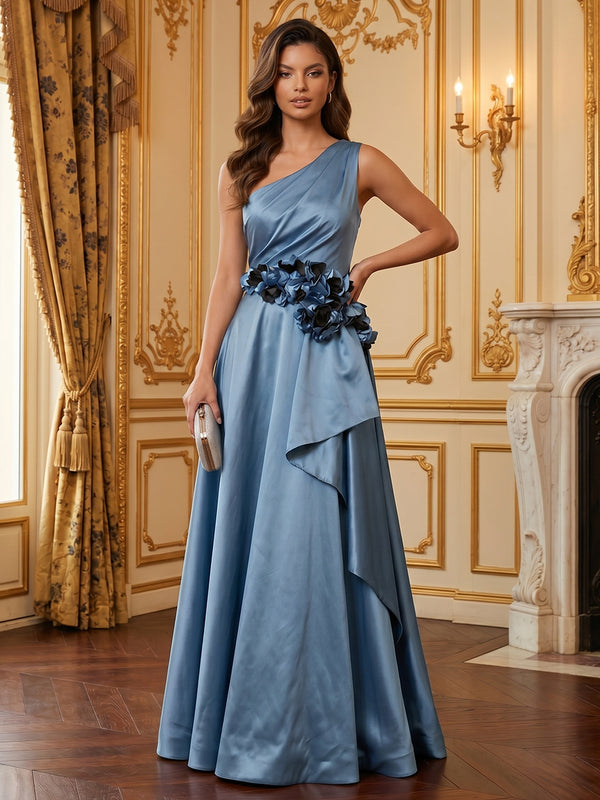 Satin A-Line One Shoulder Long Evening Dresses with 3D Flowers