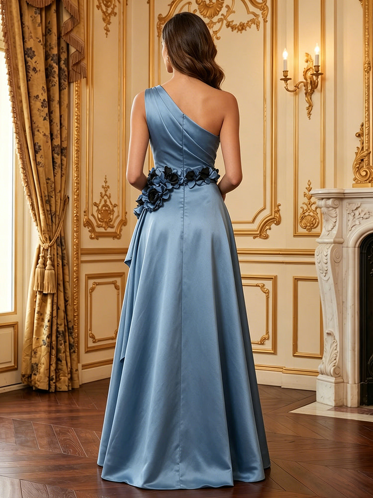 Satin A-Line One Shoulder Long Evening Dresses with 3D Flowers
