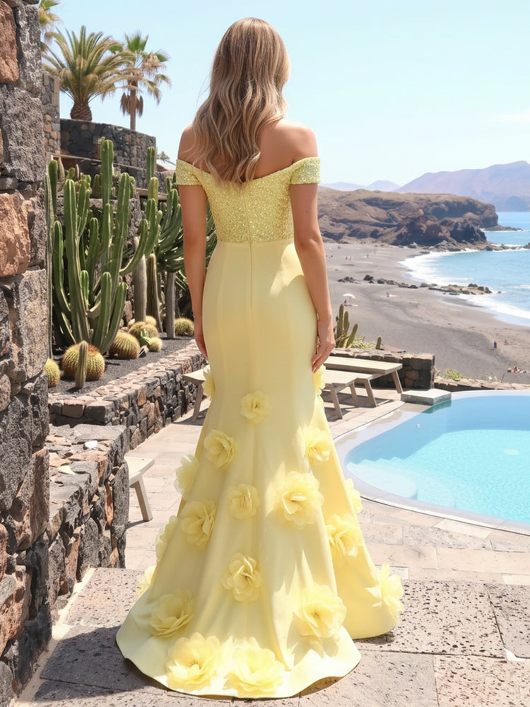 Off The Shoulder Rhinestone Embellished Satin Mermaid Ruffle Train Evening Gown with 3D Flowers