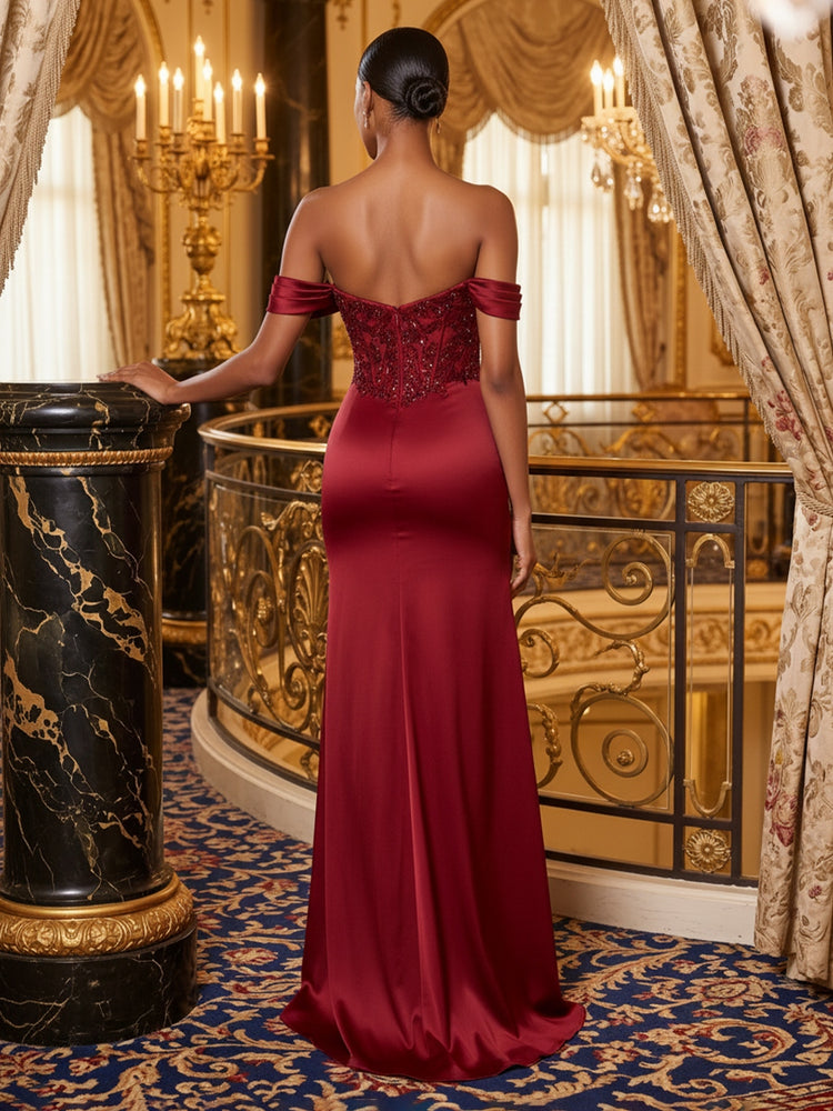 Off The Shoulder Sweetheart Corset Boned Satin Mermaid Rhinestone Beaded Bodice High Leg Slit Evening Dresses