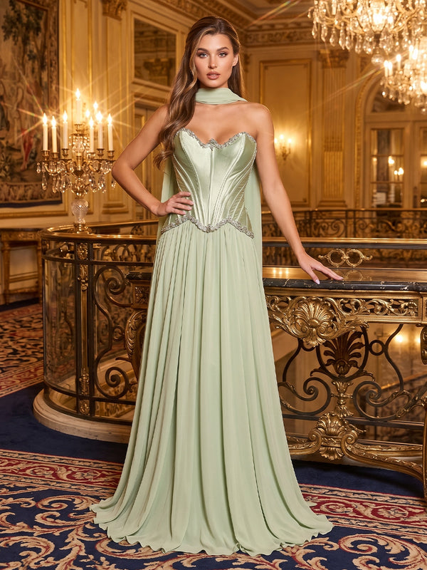 Chiffon A-Line Sweetheart Long Evening Dresses with Scarf