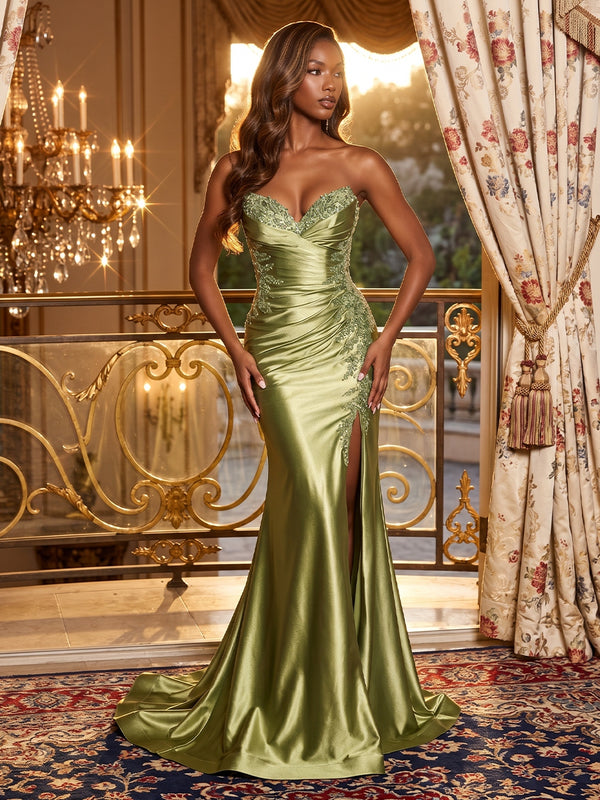 Satin Mermaid Sweetheart Long Evening Dresses with Slit